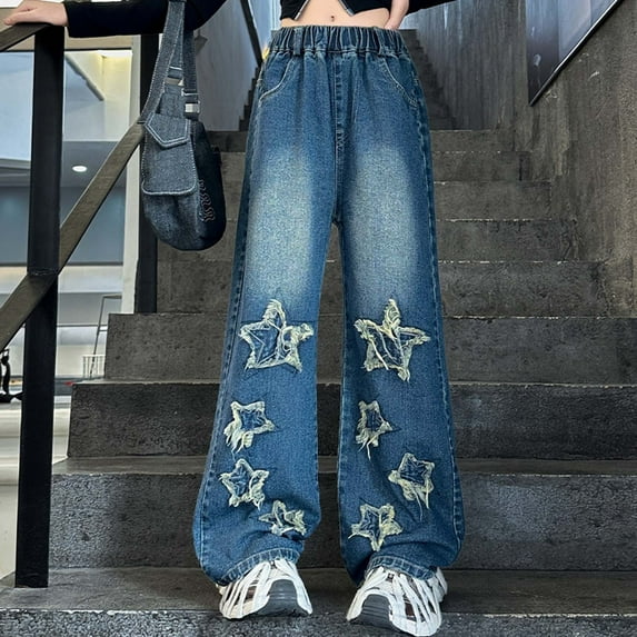 WILLBEST Girls Clothes Girls Fashion Cute Personality Pants Elastic Waist Wide Leg Jeans Casual Demin Pants with Pockets 3013