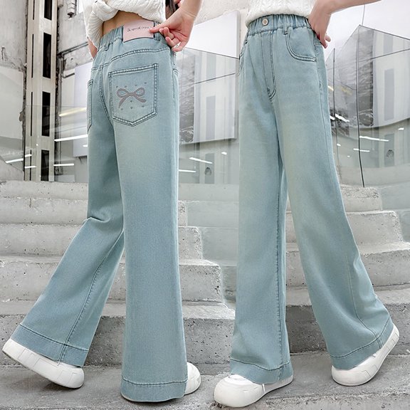 WILLBEST Girls' Pants & Capris Girls' Loose Pants Wide Leg Baggy Jeans Elastic Waist Denim Pants Casual Trousers with Pockets