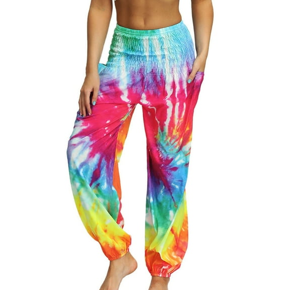 WILLBEST Gym Pants Women's Hippie Bohemian Palazzo Yoga Scrunched Bottom Tie Dye Harem Pants Women's Tie Dye Harem Pants
