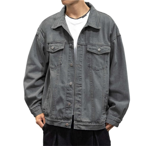 WILLBEST Jacket for Men Men's Fall/Winter Single Button Casual Denim Long Sleeved Outdoor Resort Vintage Shirt with Lapel In Solid Color