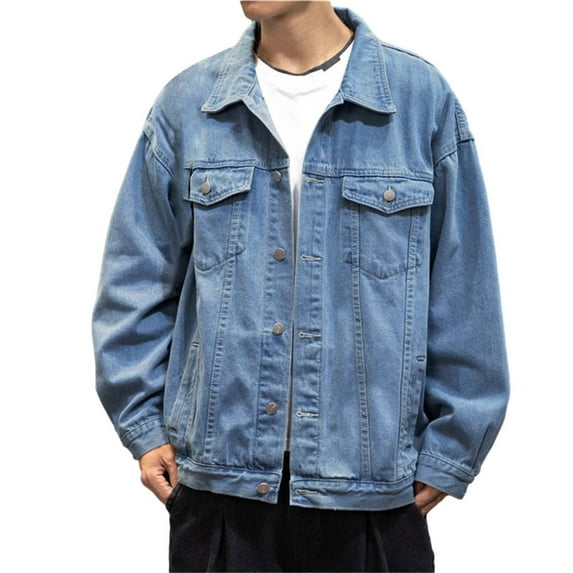 WILLBEST Jackets for Men Men's Autumn/Winter Casual Denim Solid Color Long Sleeve Outdoor Vacation Vintage Shirt Lapel Solid Color