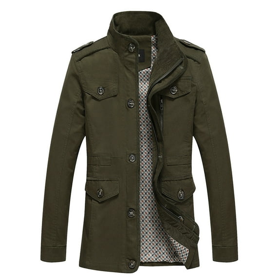 WILLBEST Jackets for Men Men's Lightweight Jacket Militaryss Stand Collar Coat Casual Full Button Multi Pocket Windbreaker