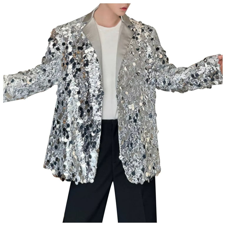 WILLBEST Jackets for Men Mens Comfortable Stylish Loose Big Sequin Stage Annual Party Coat