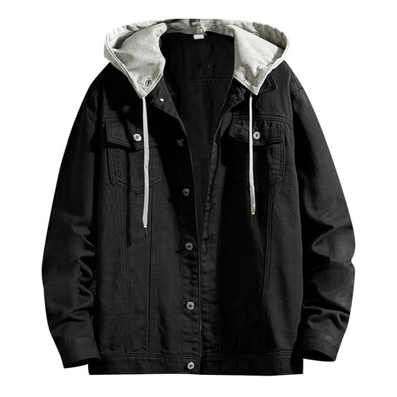 WILLBEST Jackets for Men Mens Spring and Autumn Leisure Solid Color Buckle Hooded Denim Jacket Coat