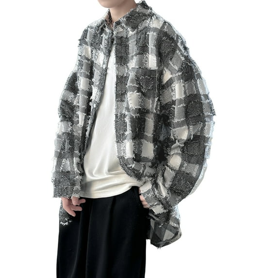 WILLBEST Men's Casual Button-Down Shirts Mens Fashion Casual Loose Fringe Lapel Plaid Long Sleeved Shirt