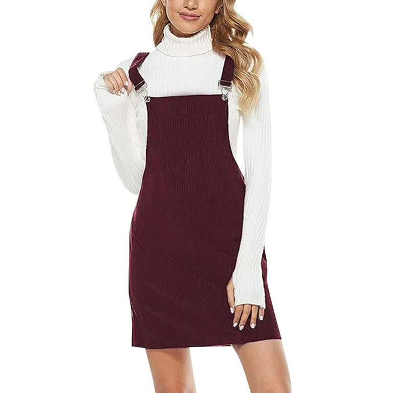 WILLBEST Midi Dresses for Women Casual Women s Corduroy A Line Mini Dress Adjustable Button Down Strap Dress Autumn Winter Bib Dress with Pockets Plain Cord Dress Trendy Walmart