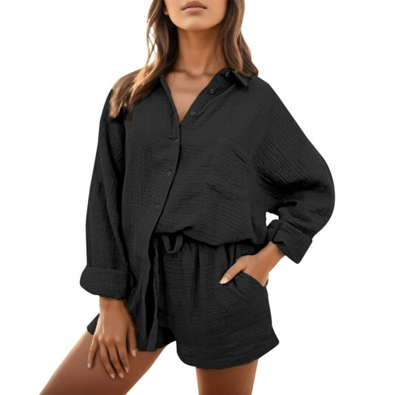 WILLBEST Outfits for Women 2 Piece Outfits for Women Shirt Sets Long Sleeve Button Down Oversized Shirts and Shorts Summer Fall Two Piece Tracksuit Birthday Outfits for Women 2023 Casual
