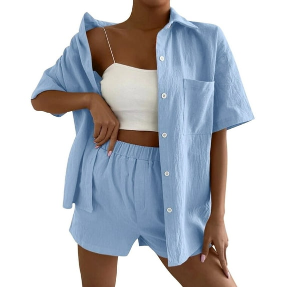 WILLBEST Outfits for Women Women's Vacation Fashion Casual Suit Solid Color Summer Shorts and Shirt Top Two Piece Sets Lapel Shirt Slim Suits Business Casual Outfits for Women Casual 2817