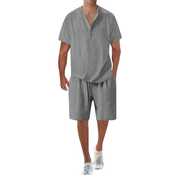 WILLBEST Pants Mens Casual Solid Color Short Sleeve Turndown Collar Top Shorts Pant Suit Men's Clothing Sets