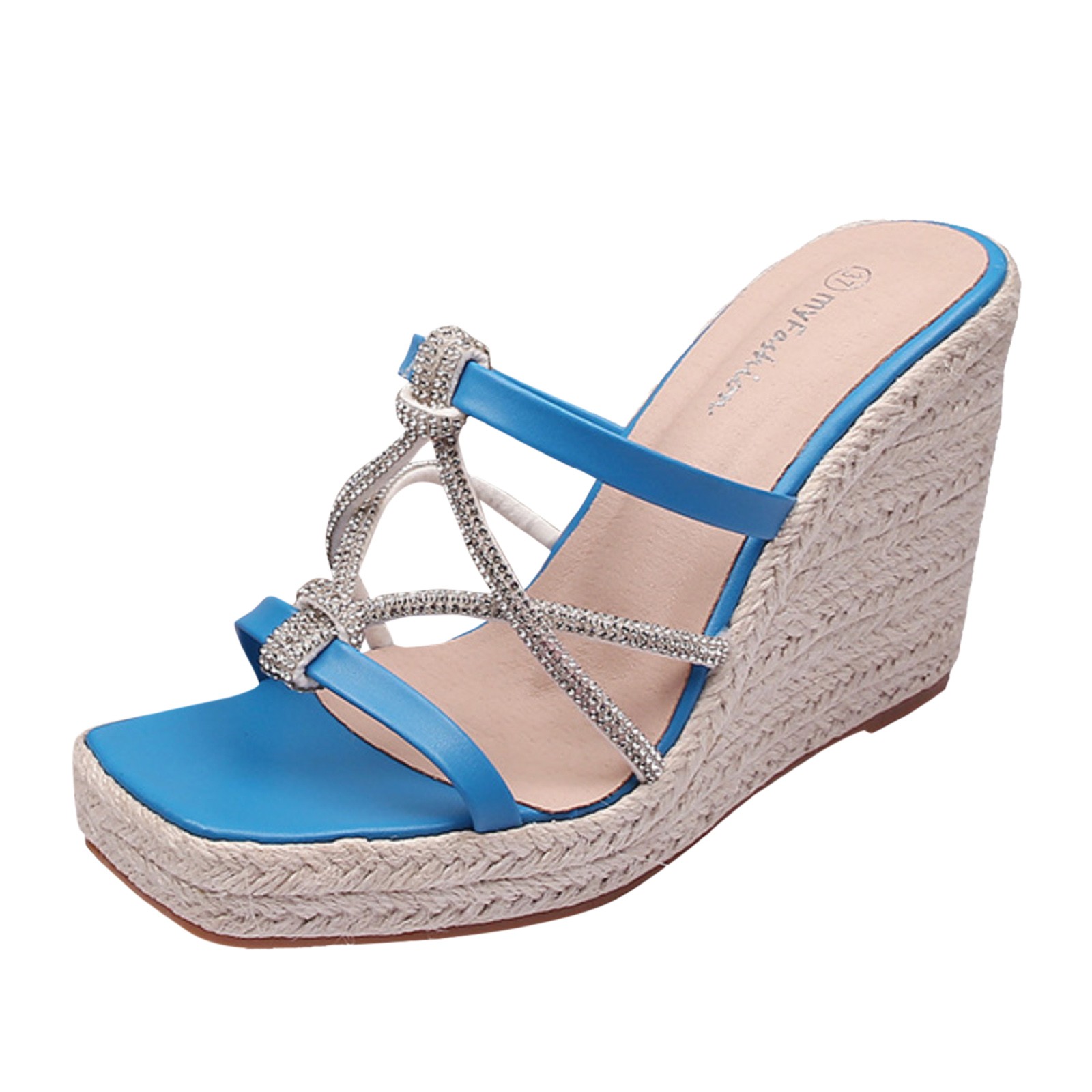 WILLBEST Platform Sandals Women Flip Flop Rhinestone Espadrille Sandals Jute Wedge Heeled