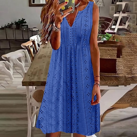 WILLBEST Plus Size Summer Dresses Women's Fashion Swing Jacquard V Neck Sleeveless Solid Color Dress