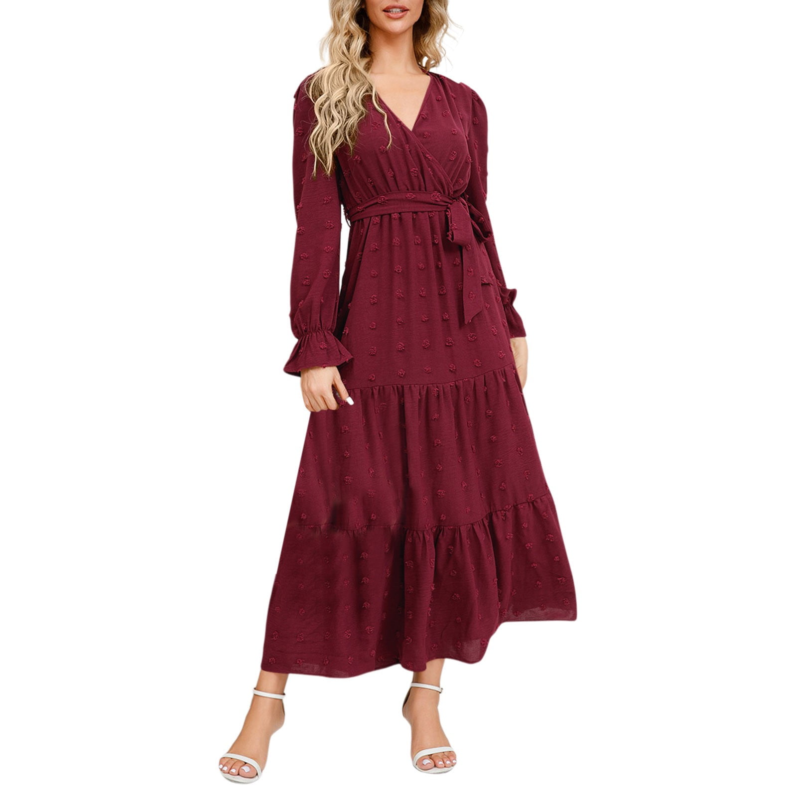 Knee Length Long Sleeve Casual Fall Dresses WILLBEST Summer Dress For Women  Midi Women Casual Solid Maxi Dress V Neck Large Swing Dress Belt Long  Sleeve Long Wedding Party Dresses Trendy
