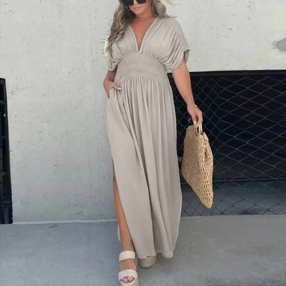 WILLBEST Summer Dresses for Women Women Sexy Slit V Neck Maxi Long Dress Effortless Maxi Long Dress Slit Lightweight Dress
