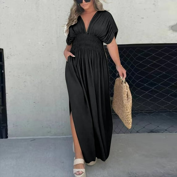 WILLBEST Summer Dresses for Women Women Sexy Slit V Neck Maxi Long Dress Effortless Maxi Long Dress Slit Lightweight Dress