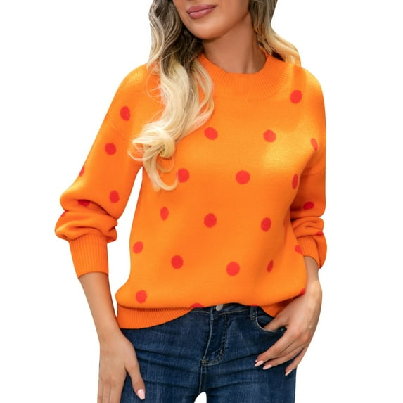 WILLBEST Sweaters for Women Women Autumn Winter Fashion Casual Long Sleeve Knit Sweater Lightweight Polka Dot Printing Pullover Sweater Top Casual