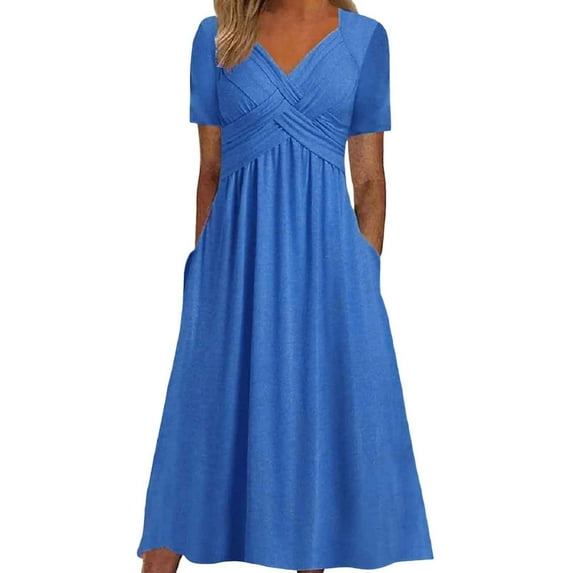 WILLBEST Wedding Guest Dresses for Women Midi Short Sleeve Women Fashion Solid Short Sleeve Casual Loose Long Dress with Pockets Trendy