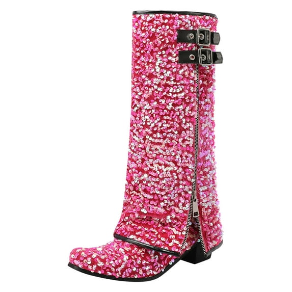 WILLBEST Women's Knee-High Boots Women Mid Calf Boots Fashionable New Pattern Sequins Autumn and Winter Boots Cool Zippers Low Heels Comfortable Shoes