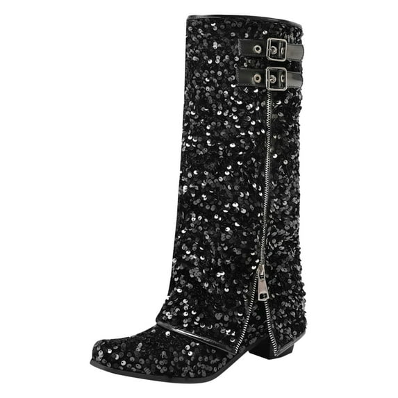 WILLBEST Women's Knee-High Boots Women Mid Calf Boots Fashionable New Pattern Sequins Autumn and Winter Boots Cool Zippers Low Heels Comfortable Shoes