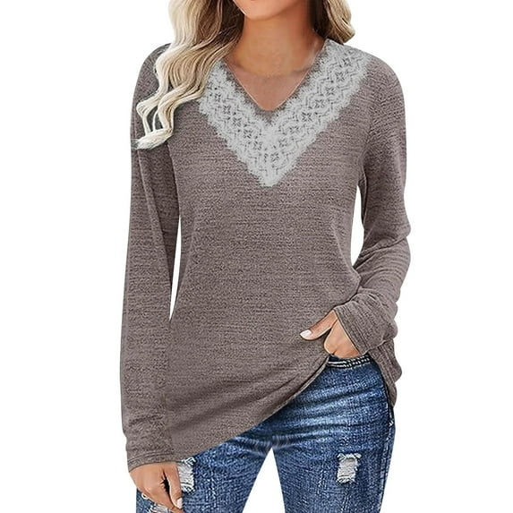 WILLBEST Women's T Shirts Plus Size 4X Womens Fashion Casual Guipure Lace Deep V Neck Long Sleeve Shirt Colorblock Blouse Top Tops