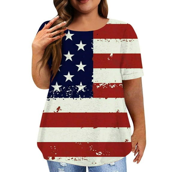 WILLBEST Women's T Shirts Trendy Ladies Printed Round Neck Loose Casual Fashion Plus Size Tops 2024 Independence Day