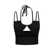 WILLBEST Womens Tank Tops Workout Knitted Tank Top Solid Color Fashion Women's Dress Hollow Sexy Hanging Neck Ultra Short Tank Top Tight Outer Wear Bottom Strap Easter