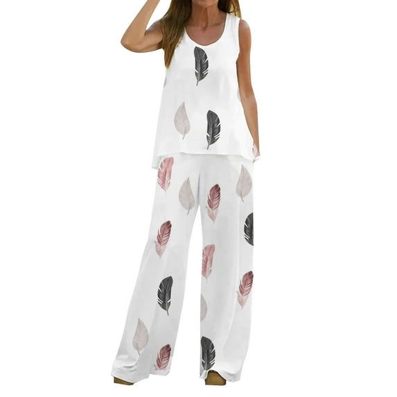 WILLBEST Womens Tops Women 2 Piece Outfits Boho Casual Printed Vest Sleeveless Top Loose Wide Leg Pants Trousers Two Piece Set Suit 2024
