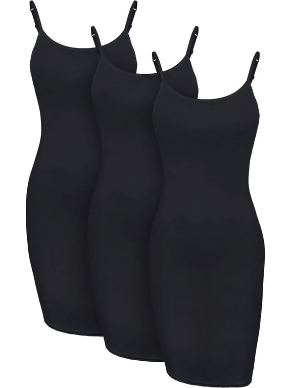 3 Pieces Women's Basic Cami Long Tanks Dress Spaghetti Strap Slips for Under Dresses, Long Camisoles for Layering(Medium,Black)