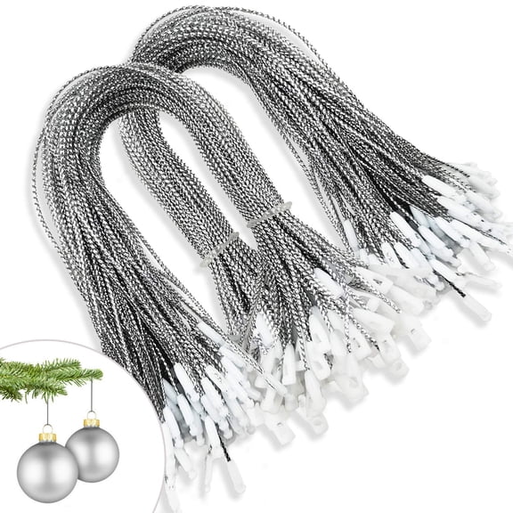 YUNOVA 100Pcs Christmas Ornaments String Hanger Silver Precut Ribbon Hook for Christmas Tree Ornament Decorations with Snap Fastener