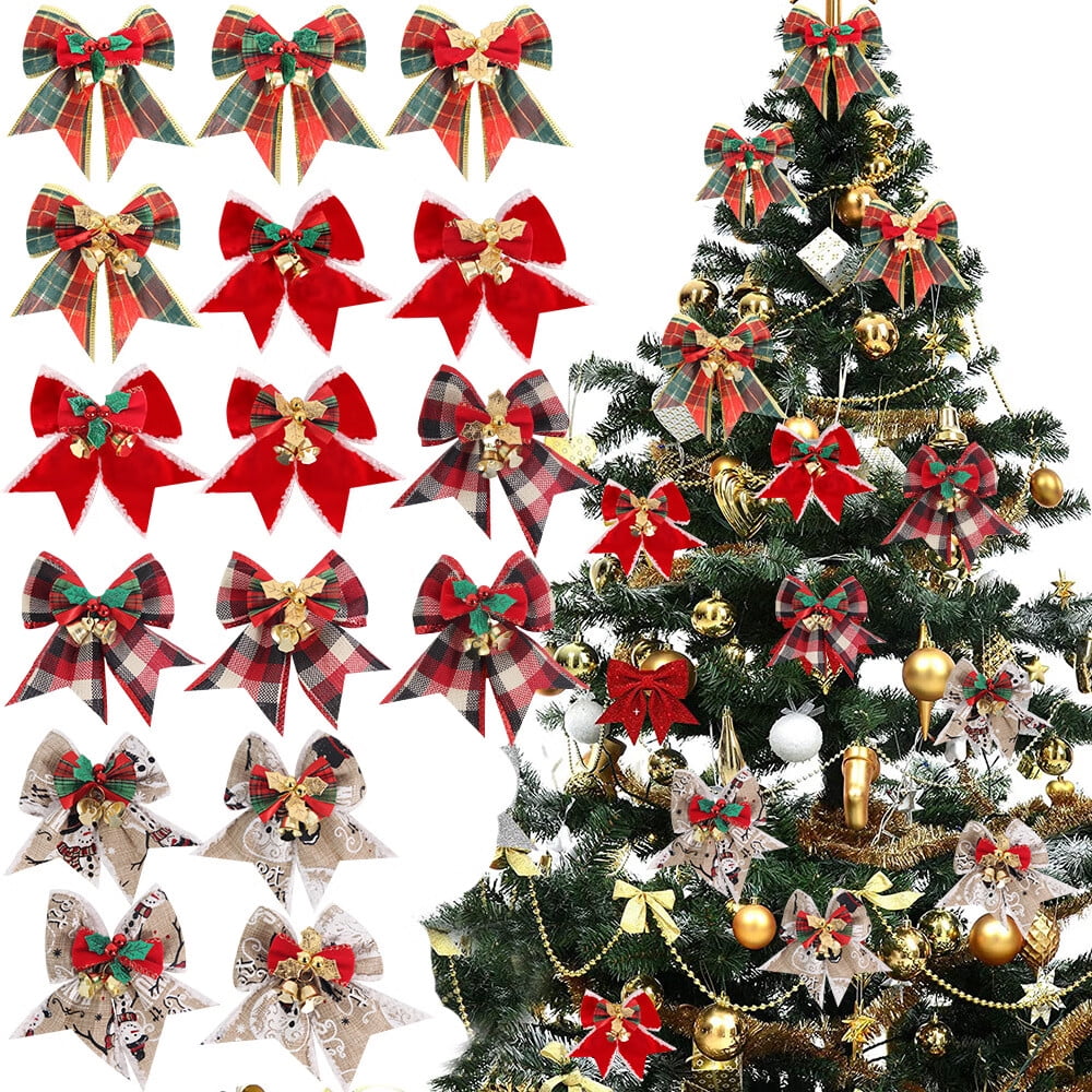 WILLED 16Pcs Christmas Bow with Bells, Christmas Tree Bows Mini Burlap ...