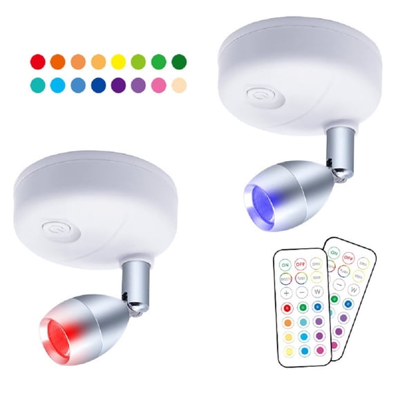 WILLED 2 Pack Small Spotlight Battery Operated Accent Light with Remote, RGB LED Wireless Little Spot Light Rotatable with Dimmer & Timer for Artwork Painting