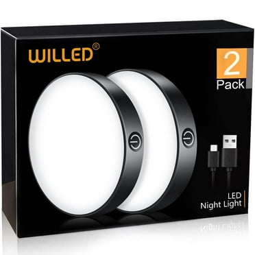WILLED 2 Pack Touch LED Night Light, 6000K Rechargeable Tap Light with 1000mAh Battery, Dimmable, Wireless Stick-On Puck Light for Closet, Kitchen, Cabinet, and Bedroom, Portable and Convenient
