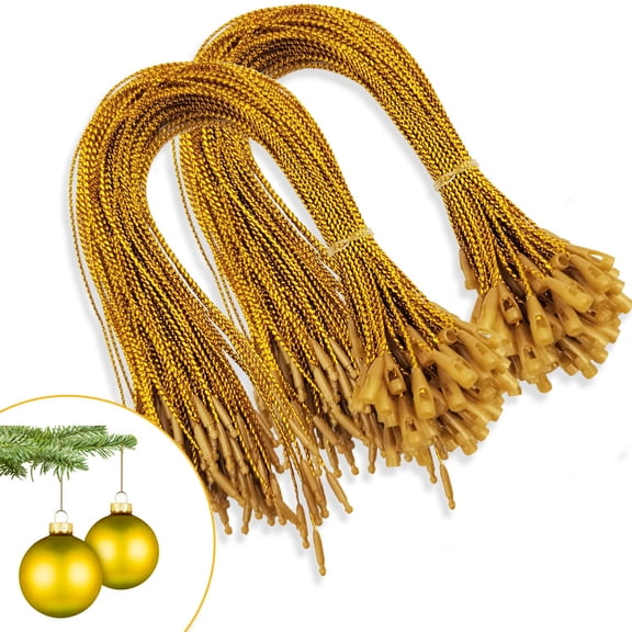 WILLED 200Pcs Christmas Ornament Hooks Gold String Hanger with Snap Locking Metallic String for Christmas Valentine's Day Party Hanging Ropes