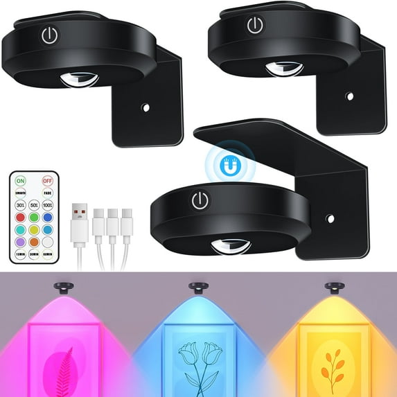 WILLED 3 pack Picture Lights, 1200mAh Rechargeable Battery Operated Picture Lights, Puck Lights with Remote, 9 RGB Colors, Dimmable & Timer, Gallery Lights Art Display Lighting for Paintings Wireless