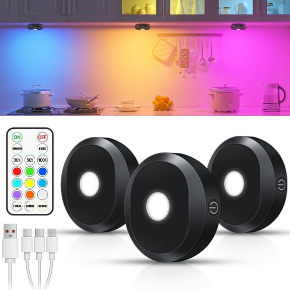 WILLED 3 Pack RGB Under Cabinet Lights with Remote, Rechargeable LED Puck Lights, Dimmable Touch Control, Wireless, Timer Function, 9 Colors for Kitchen, Cabinet, Closet, Counter, Shelf