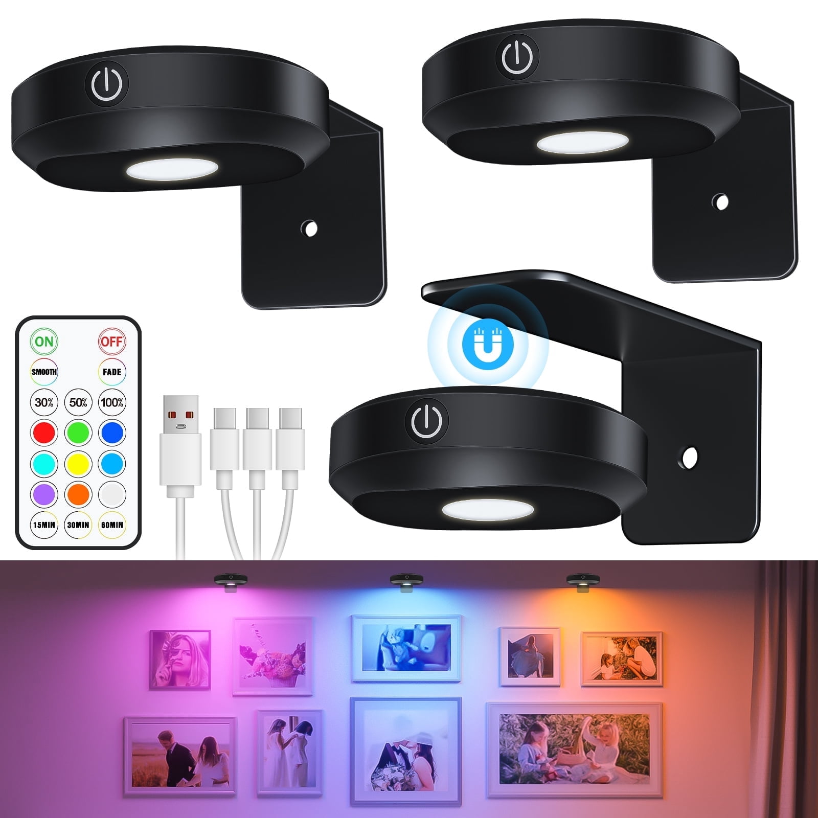 Willed 3 Pack RGB Wireless Picture Lights, Rechargeable Battery, Remote ...