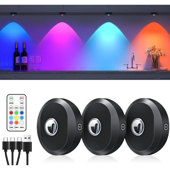 WILLED 1200mAh Rechargeable Puck Lights with Remote, Dimmable Under Cabinet Lighting, Wireless Magnetic Stick-On LED Shelf Light for Kitchen Closet Corridor, Multicolor & Timing, 3 Pack