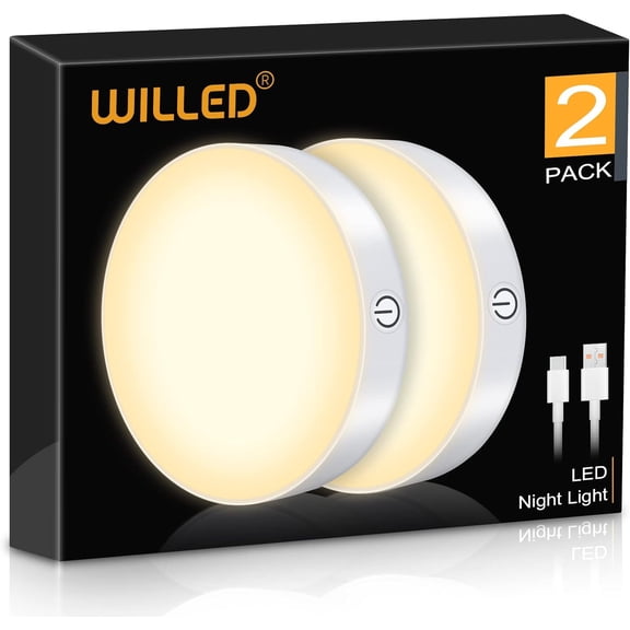 WILLED 3000K Dimmable Touch Lights, Battery Rechargeable Tap Lights, Magnet Stick on Closet Light, Portable LED Puck Night Lights for Cabinet, Wardrobe, Counter, Kitchen, Bedroom (2 Pack)