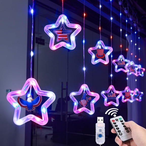 YUNOVA 4th of July Decorations, 120 LEDs 8 Modes Curtain Lights in Red, White, and Blue, Remote Controlled, USB Powered, for Independence Day, Memorial Day Celebrations, Fourth of July Festivities