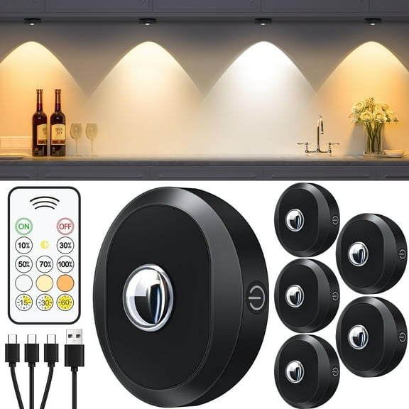 WILLED 6 Pack Puck Lights with Remote Control, Rechargeable Under Cabinet Lights, 1200mAh Battery Operated Tap Lights, Dimmable Push Lights, Wireless Closet Lights, LED USB Stick On Lights