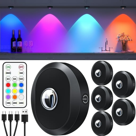 WILLED 6 Pack Rechargeable RGB Puck Lights with Remote Control, 1200mAh Battery Operated Tap Lights, Dimmable Touch Under Cabinet Lighting, Wireless Push Lights, LED USB Shelf Light