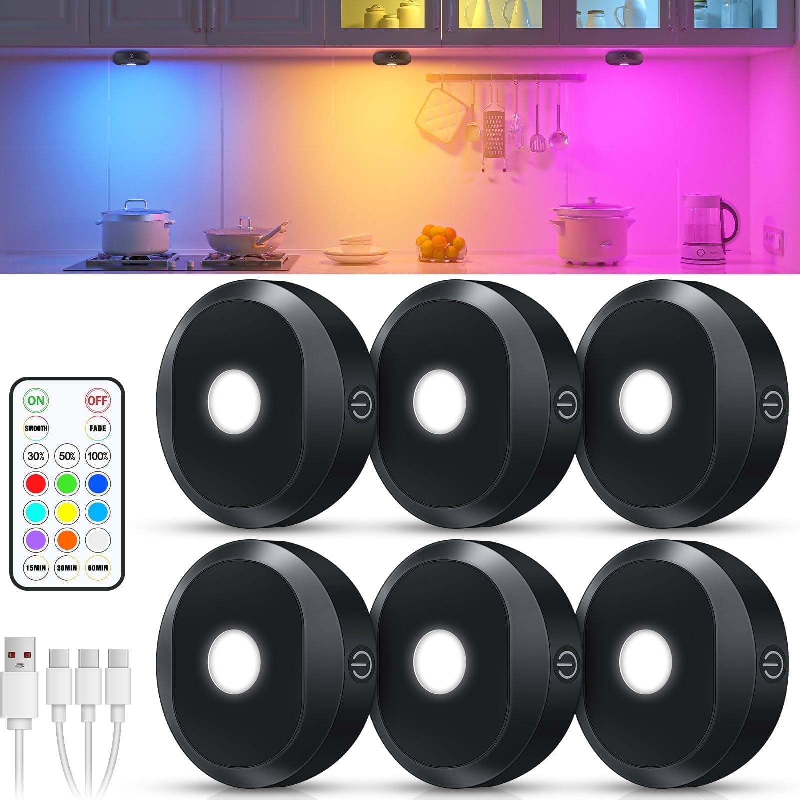 WILLED 6 Pack Rechargeable RGB Puck Lights with Remote Control, Wireless LED Tap Lights, Dimmable, 9 Colors, Timer Function, Under Cabinet Lighting for Kitchen, Closet, Counter, Shelf