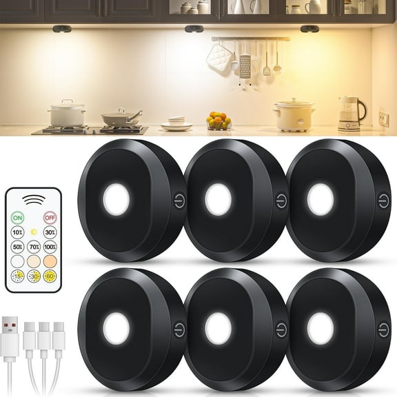 WILLED 6 Pack Wireless LED Puck Lights with Remote, Rechargeable Battery Operated Under Cabinet Lighting, 3 Color Temperatures, Dimmable, Timer Function, Magnetic & Adhesive Mount for Kitchen, Shelf