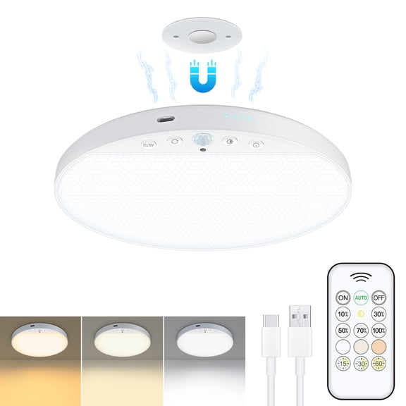 WILLED 6W Rechargeable Ceiling Light, Magnetic Mount Motion Sensor Light with Remote Control, Battery Powered Flush Mount Light Fixture for Hallway Stairway Garage, Round, 1 Pack