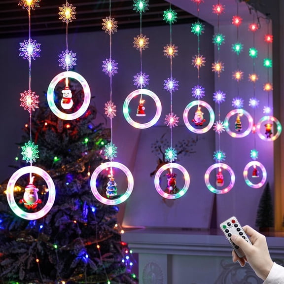 WILLED 9.8Ft 120 LED Battery Operated Christmas Window Lights, Colorful Snowflakes & Figures, 8 Modes, Waterproof, Indoor Use, Easy DIY, Energy-Saving, Remote Control, Perfect for Holiday Decorations