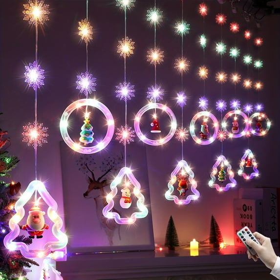 WILLED 9.8ft Battery Operated Christmas Window Lights, 120 LED Hanging Tree Ring Light with Remote, 8 Modes Waterproof Curtain String Lights, Xmas Decorations for Indoor Bedroom and Outdoor Use