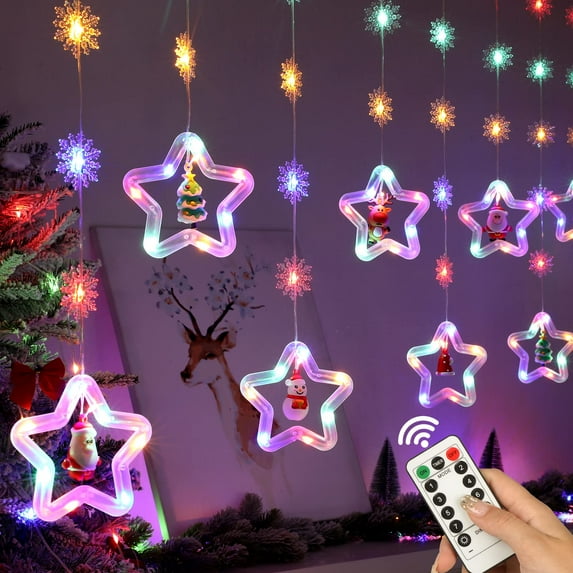 WILLED Christmas Curtain Lights Indoor, 9.8Ft LED Twinkle Stars Hanging Window Lights with Ornaments & Snowflake, USB Remote Control Christmas Window Lights Fairy Lights for Bedroom Garden Home Decor