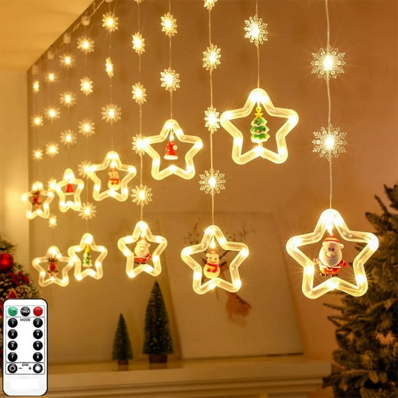 WILLED Christmas Lights Decorations, 10FT 120LED Curtain Lights, Christmas Decorations Fairy Lights, Battery Operated Waterproof for Christmas Bedroom Garden Xmas Tree Patio Decor, Warm White