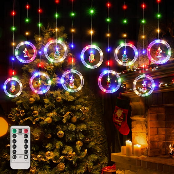 WILLED Christmas String Window Curtain Lights, 9.8Ft LED Multicolor Decorative Santa Ring Light with Remote, Battery Powered 8 Modes Waterproof for Indoor Outdoor Xmas Tree Window Bedroom Decorations