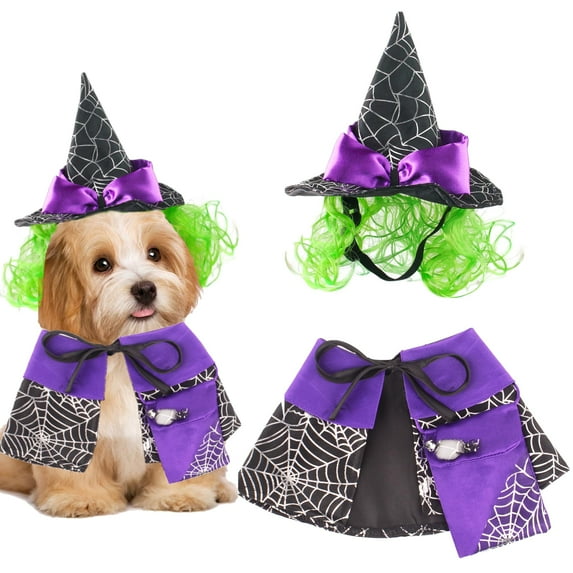 WILLED Dog & Cat Halloween Costume, Purple Witch Cloak and Hat Set with Spider Web Pattern, Green Wig, and Purple Bow, Comfortable Soft Fabric, Perfect for Halloween Parties Cosplay and Photo Props