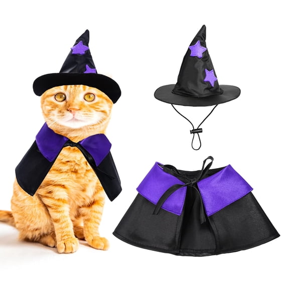 YUNOVA Halloween Pet Costumes, Cat Wizard Costume, Dog Witch Cloak & Hat, Purple Witch Cloak for Cats, Dogs, Kittens, Puppies, Rabbits, Perfect for Halloween, Parties, Cosplay, and Daily Wear